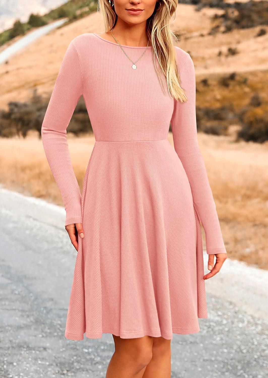 imagePRETTYGARDEN Womens Fall Short Dress Ribbed Knit Crewneck Long Sleeve A Line Flowy Casual Elegant Going Out Winter DressesPink