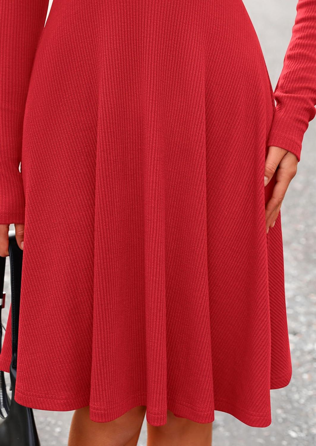 imagePRETTYGARDEN Womens Fall Short Dress Ribbed Knit Crewneck Long Sleeve A Line Flowy Casual Elegant Going Out Winter DressesRed