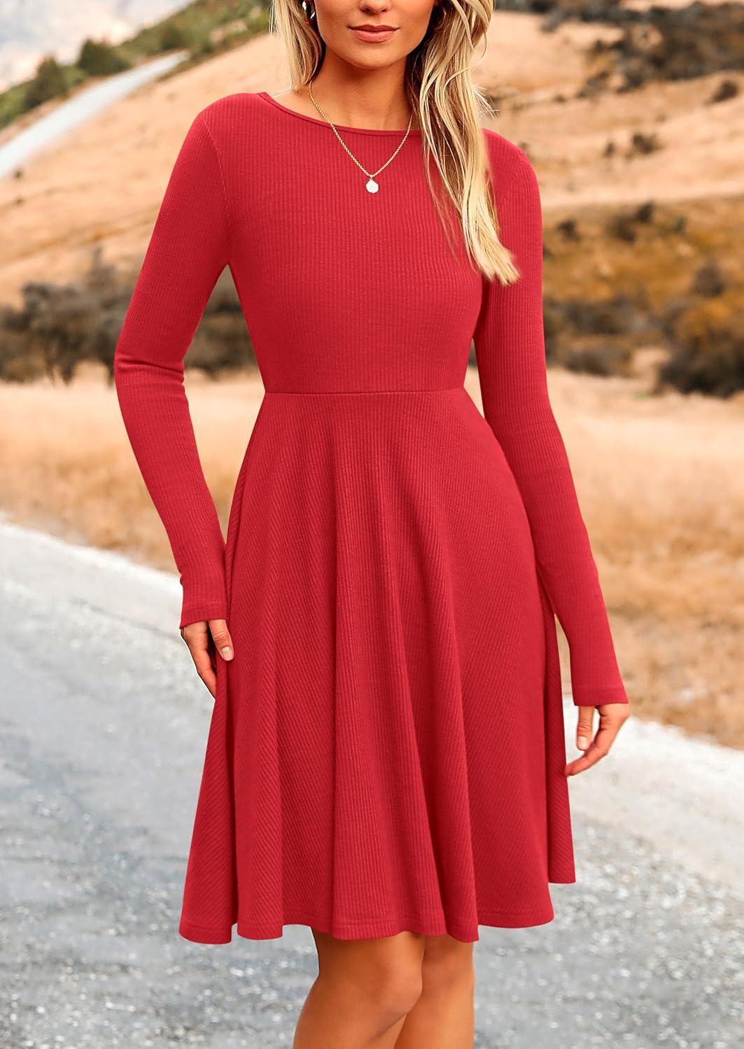 imagePRETTYGARDEN Womens Fall Short Dress Ribbed Knit Crewneck Long Sleeve A Line Flowy Casual Elegant Going Out Winter DressesRed