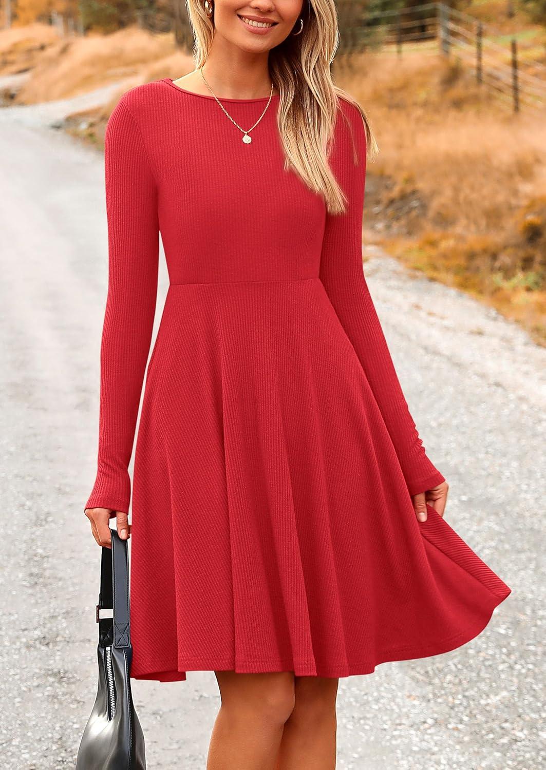 imagePRETTYGARDEN Womens Fall Short Dress Ribbed Knit Crewneck Long Sleeve A Line Flowy Casual Elegant Going Out Winter DressesRed