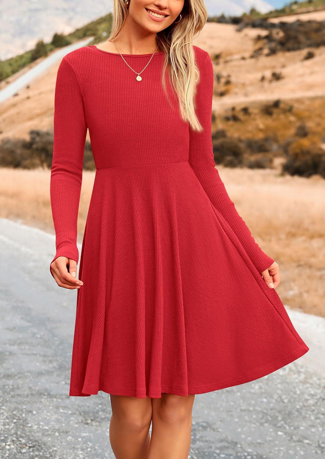 imagePRETTYGARDEN Womens Fall Short Dress Ribbed Knit Crewneck Long Sleeve A Line Flowy Casual Elegant Going Out Winter DressesRed