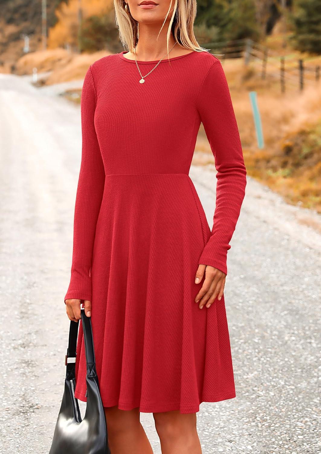 imagePRETTYGARDEN Womens Fall Short Dress Ribbed Knit Crewneck Long Sleeve A Line Flowy Casual Elegant Going Out Winter DressesRed