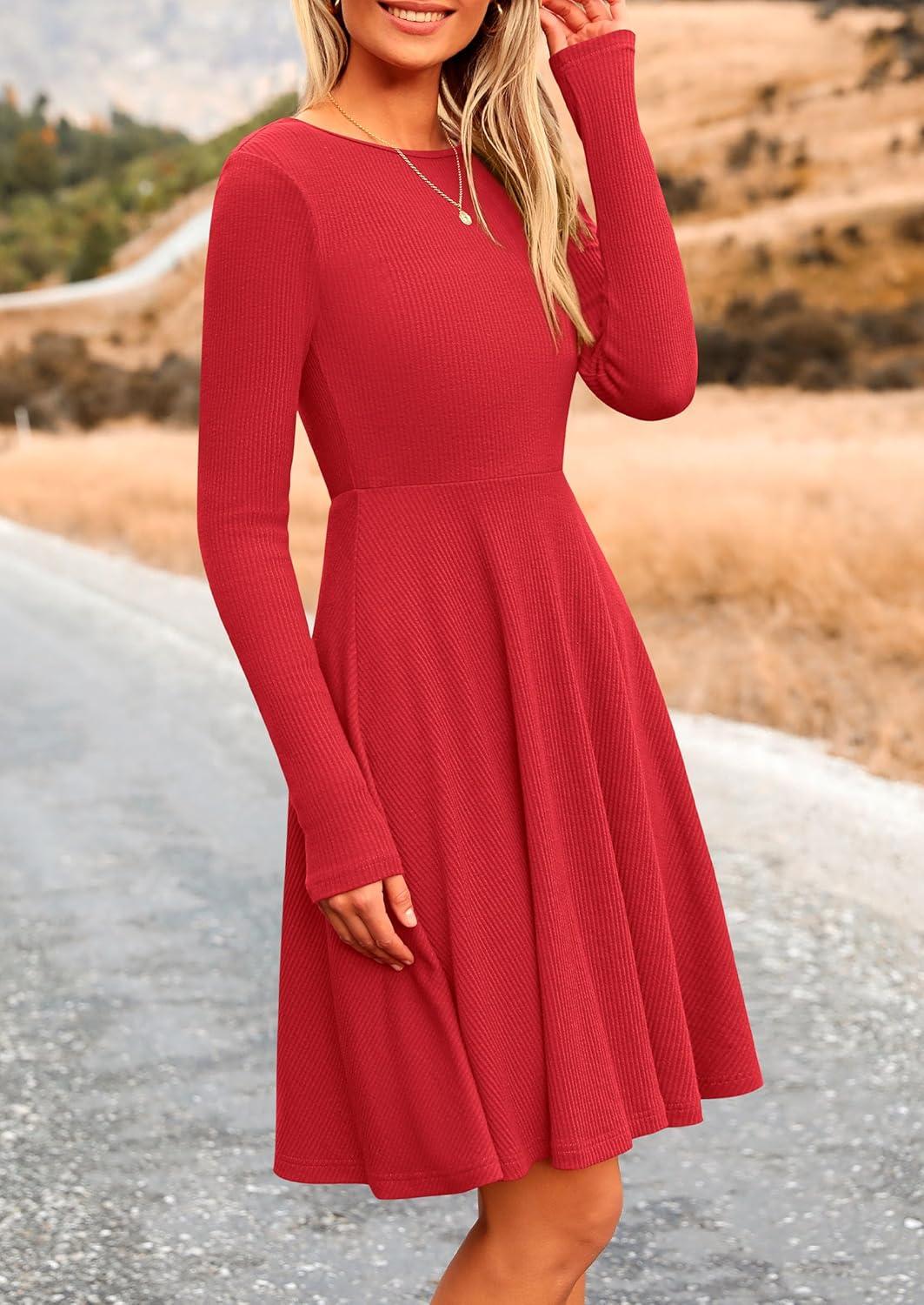imagePRETTYGARDEN Womens Fall Short Dress Ribbed Knit Crewneck Long Sleeve A Line Flowy Casual Elegant Going Out Winter DressesRed