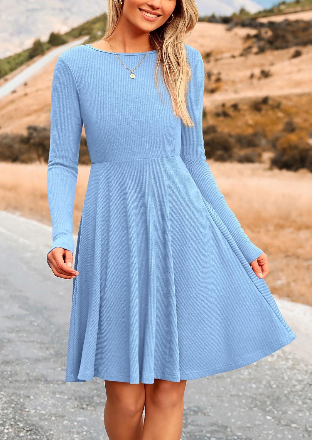 imagePRETTYGARDEN Womens Fall Short Dress Ribbed Knit Crewneck Long Sleeve A Line Flowy Casual Elegant Going Out Winter DressesSky Blue