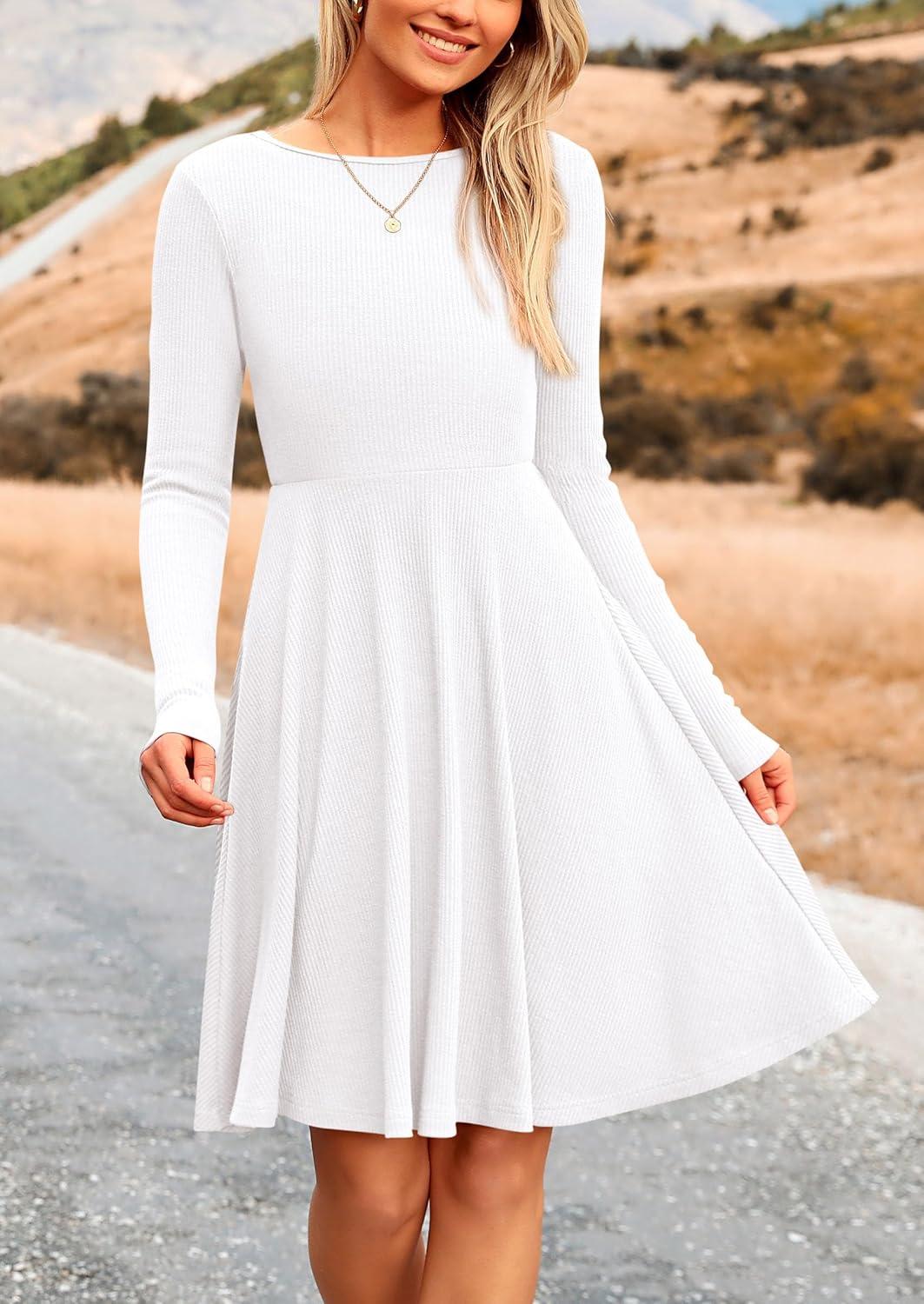 imagePRETTYGARDEN Womens Fall Short Dress Ribbed Knit Crewneck Long Sleeve A Line Flowy Casual Elegant Going Out Winter DressesWhite