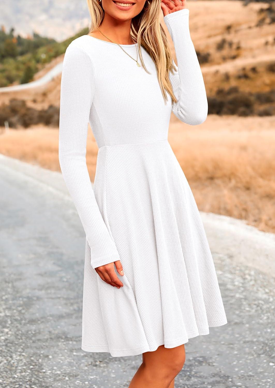 imagePRETTYGARDEN Womens Fall Short Dress Ribbed Knit Crewneck Long Sleeve A Line Flowy Casual Elegant Going Out Winter DressesWhite