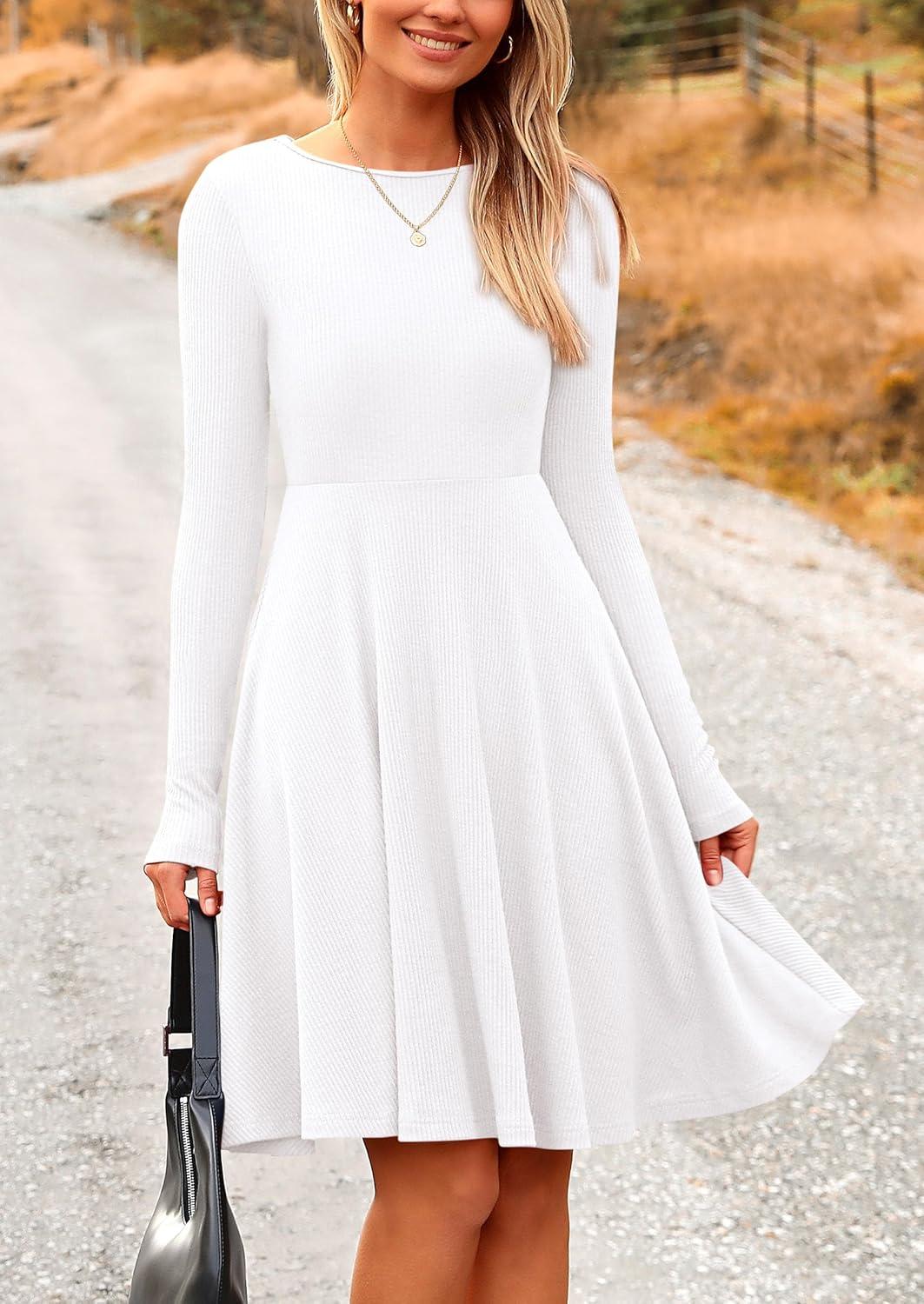 imagePRETTYGARDEN Womens Fall Short Dress Ribbed Knit Crewneck Long Sleeve A Line Flowy Casual Elegant Going Out Winter DressesWhite