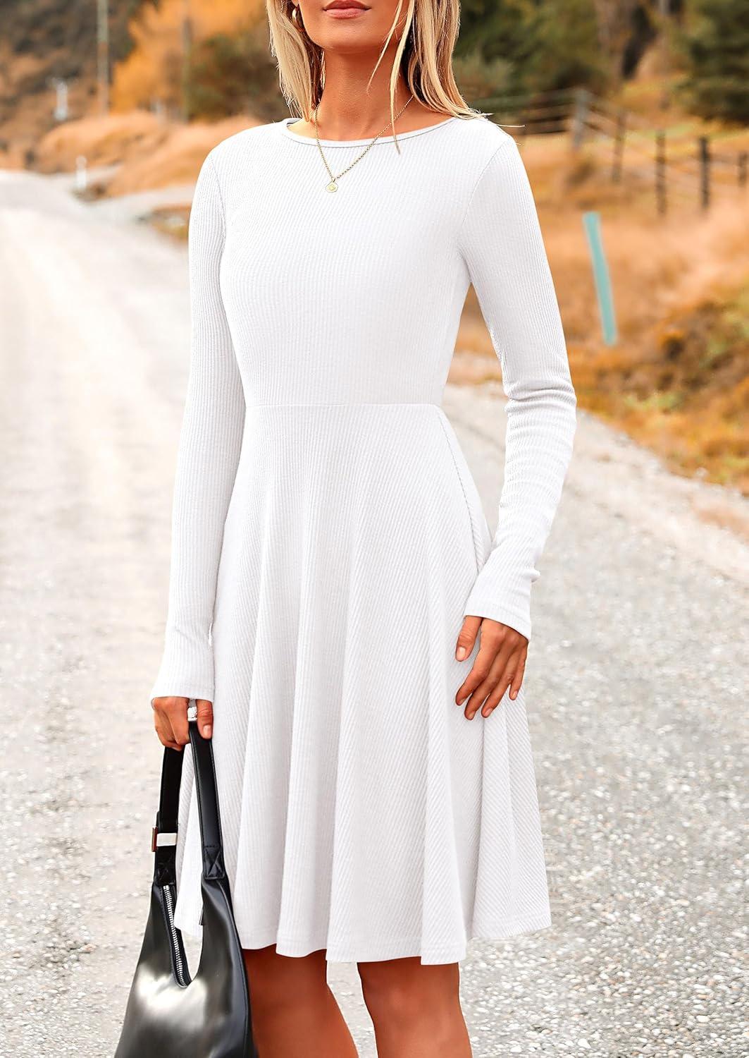 imagePRETTYGARDEN Womens Fall Short Dress Ribbed Knit Crewneck Long Sleeve A Line Flowy Casual Elegant Going Out Winter DressesWhite