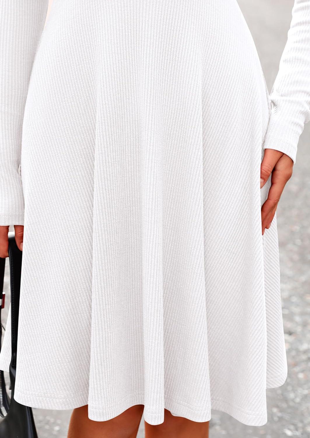 imagePRETTYGARDEN Womens Fall Short Dress Ribbed Knit Crewneck Long Sleeve A Line Flowy Casual Elegant Going Out Winter DressesWhite