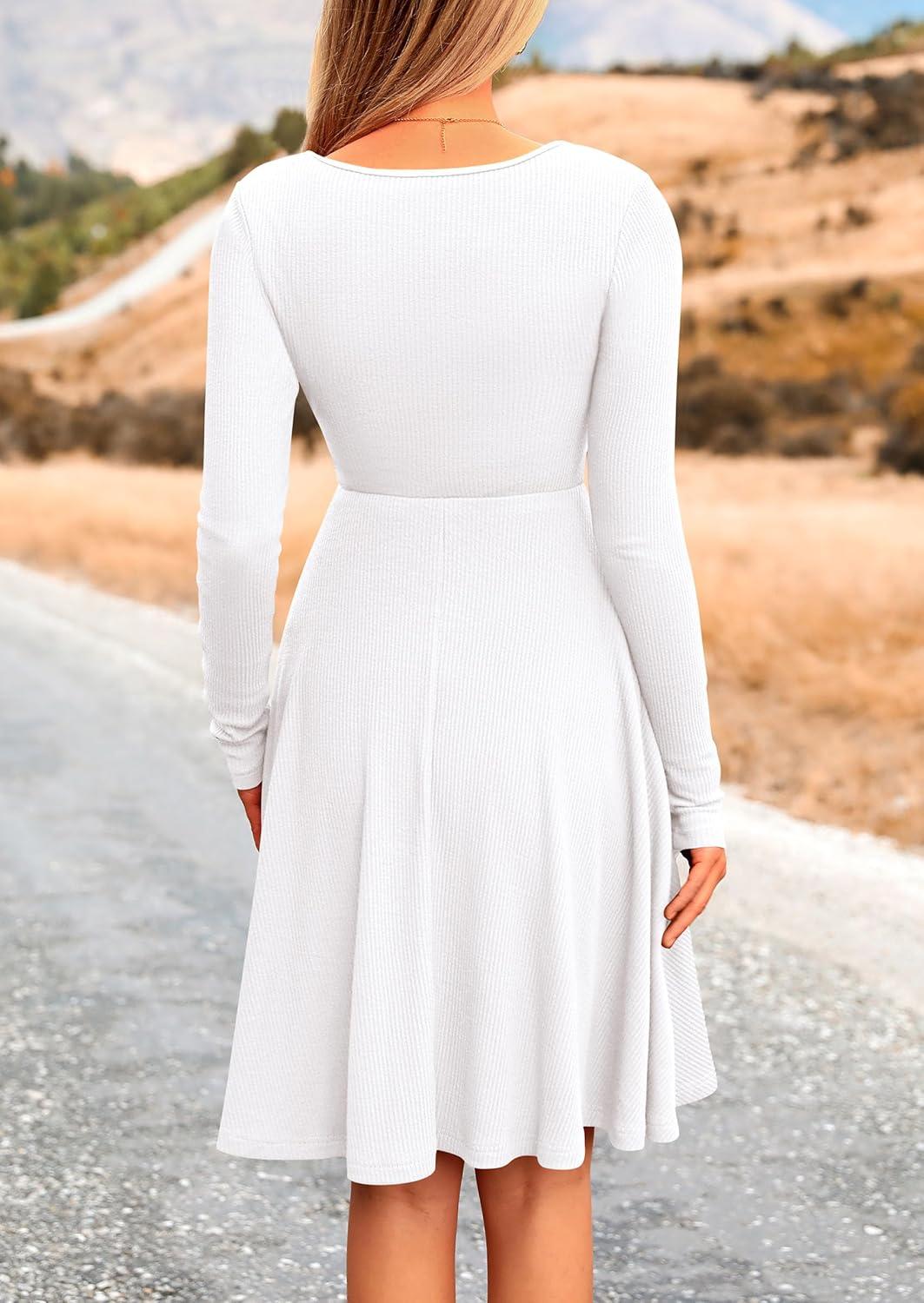 imagePRETTYGARDEN Womens Fall Short Dress Ribbed Knit Crewneck Long Sleeve A Line Flowy Casual Elegant Going Out Winter DressesWhite