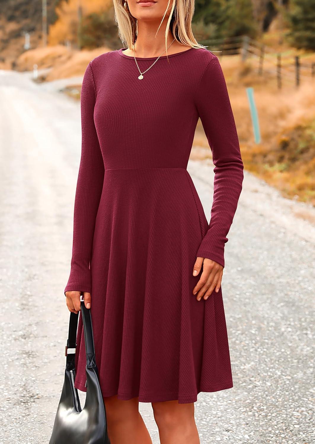 imagePRETTYGARDEN Womens Fall Short Dress Ribbed Knit Crewneck Long Sleeve A Line Flowy Casual Elegant Going Out Winter DressesWine Red