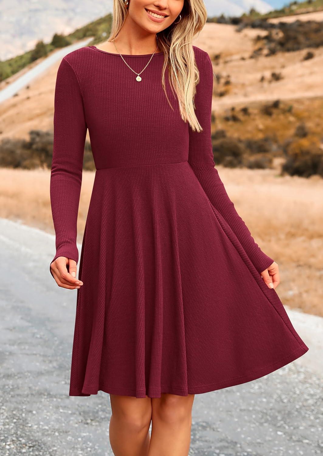 imagePRETTYGARDEN Womens Fall Short Dress Ribbed Knit Crewneck Long Sleeve A Line Flowy Casual Elegant Going Out Winter DressesWine Red