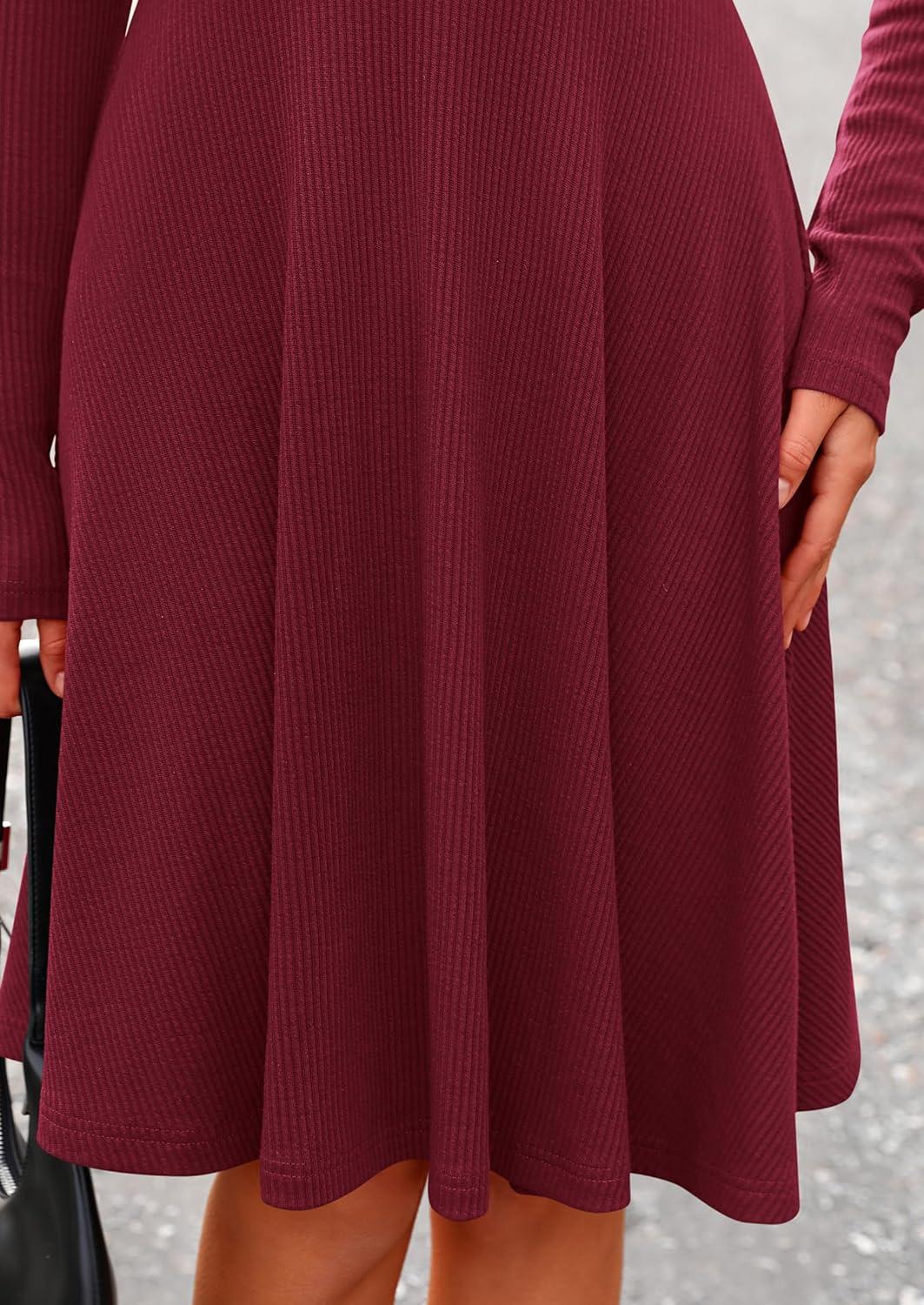 imagePRETTYGARDEN Womens Fall Short Dress Ribbed Knit Crewneck Long Sleeve A Line Flowy Casual Elegant Going Out Winter DressesWine Red