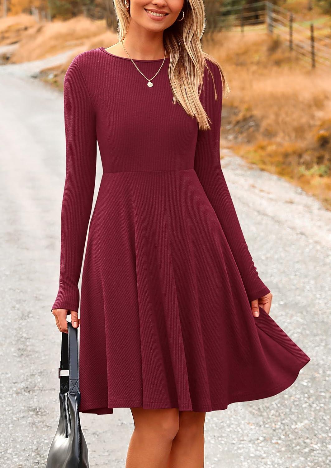 imagePRETTYGARDEN Womens Fall Short Dress Ribbed Knit Crewneck Long Sleeve A Line Flowy Casual Elegant Going Out Winter DressesWine Red