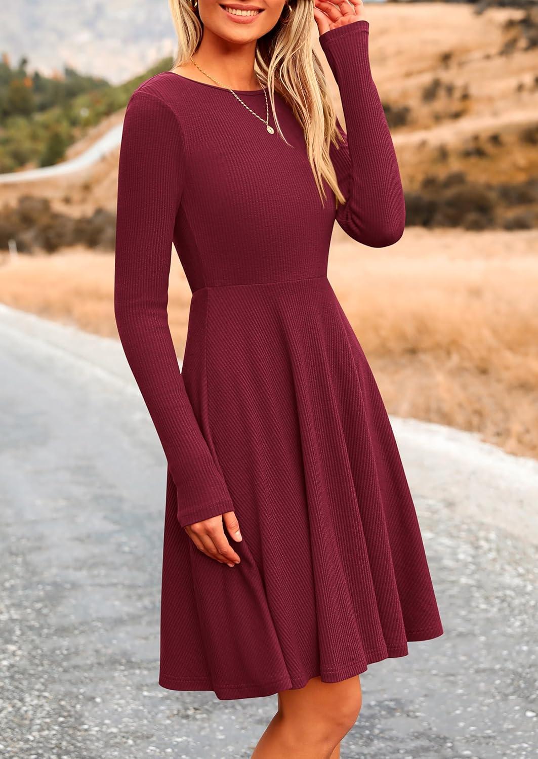imagePRETTYGARDEN Womens Fall Short Dress Ribbed Knit Crewneck Long Sleeve A Line Flowy Casual Elegant Going Out Winter DressesWine Red