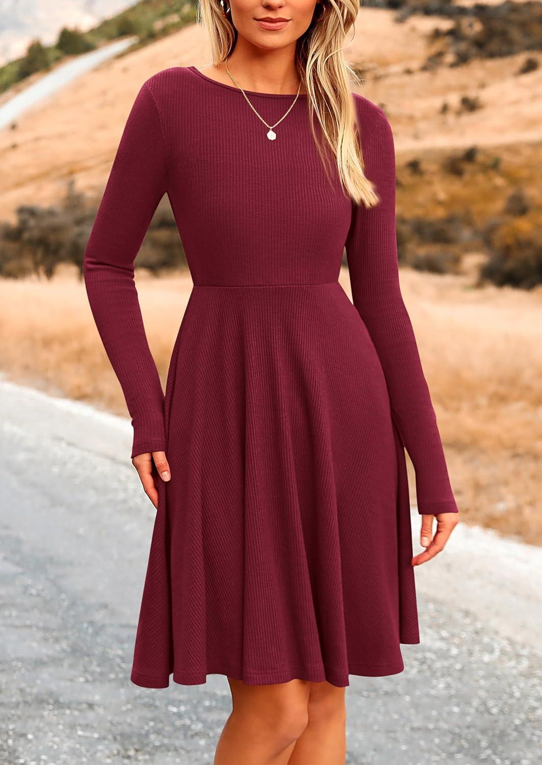 imagePRETTYGARDEN Womens Fall Short Dress Ribbed Knit Crewneck Long Sleeve A Line Flowy Casual Elegant Going Out Winter DressesWine Red