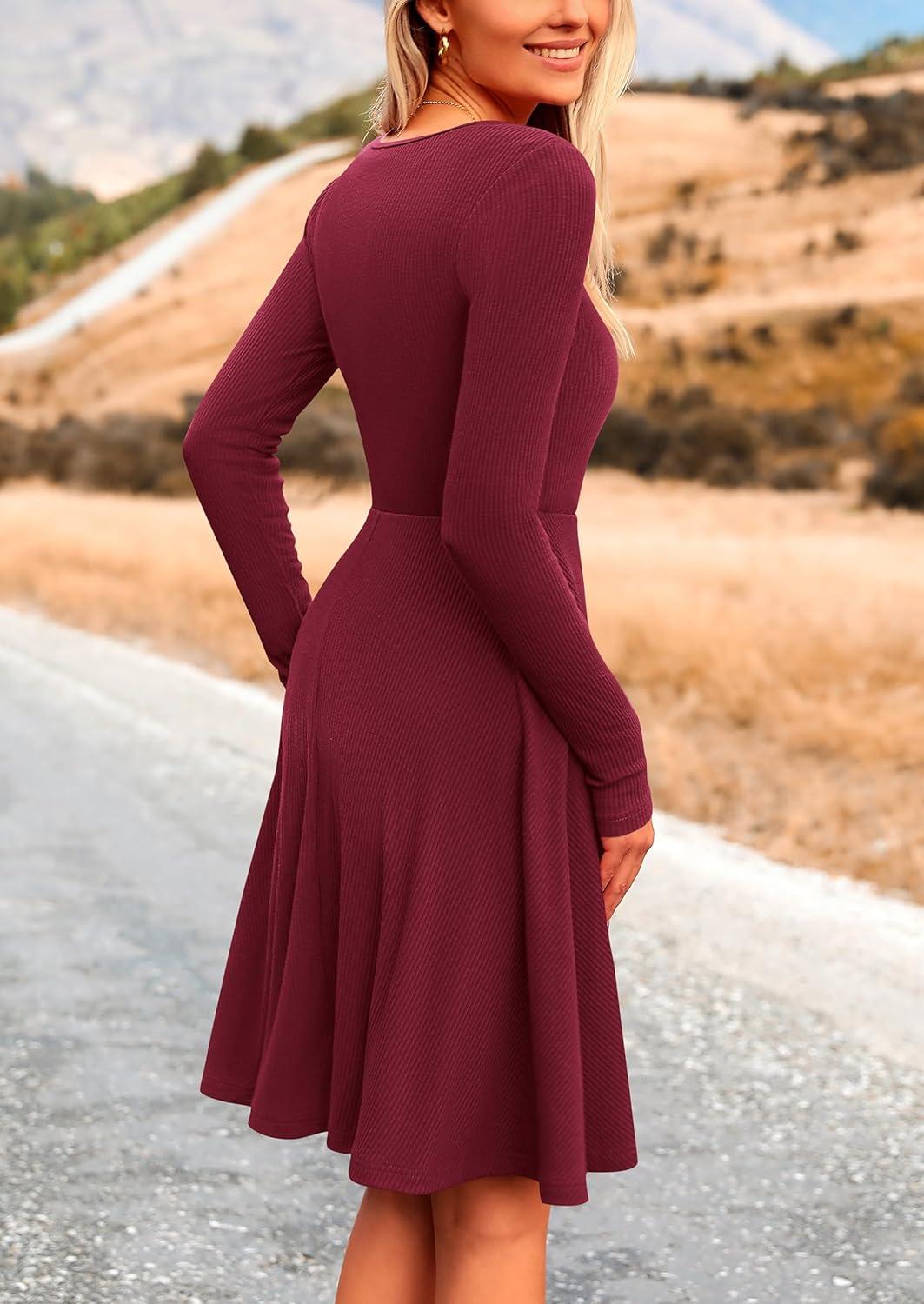 imagePRETTYGARDEN Womens Fall Short Dress Ribbed Knit Crewneck Long Sleeve A Line Flowy Casual Elegant Going Out Winter DressesWine Red