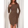 imagePRETTYGARDEN Women Fall 2025 Mini Bodycon Dresses Long Sleeve Tie Waist Ruched Fitted Party Club Night Out Trendy Short DressBrown