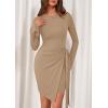 imagePRETTYGARDEN Women Fall 2025 Mini Bodycon Dresses Long Sleeve Tie Waist Ruched Fitted Party Club Night Out Trendy Short DressKhaki