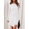 imagePRETTYGARDEN Women Fall 2025 Mini Bodycon Dresses Long Sleeve Tie Waist Ruched Fitted Party Club Night Out Trendy Short DressWhite