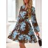 imagePRETTYGARDEN Womens Fall Boho Dresses 2025 Floral Long Sleeve V Neck Mini Flowy Wedding Guest Dress Trendy Vacation OutfitsFloral Brown Blue