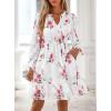 imagePRETTYGARDEN Womens Fall Boho Dresses 2025 Floral Long Sleeve V Neck Mini Flowy Wedding Guest Dress Trendy Vacation OutfitsFloral White Red
