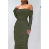 imagePRETTYGARDEN Womens Fall Off The Shoulder Maxi Dress Spring Long Sleeve Ruched Fitted Bodycon Club Dresses with SlitArmy Green
