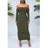 imagePRETTYGARDEN Womens Fall Off The Shoulder Maxi Dress Spring Long Sleeve Ruched Fitted Bodycon Club Dresses with SlitArmy Green