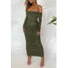 imagePRETTYGARDEN Womens Fall Off The Shoulder Maxi Dress Spring Long Sleeve Ruched Fitted Bodycon Club Dresses with SlitArmy Green