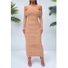 imagePRETTYGARDEN Womens Fall Off The Shoulder Maxi Dress Spring Long Sleeve Ruched Fitted Bodycon Club Dresses with SlitBeige