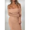 imagePRETTYGARDEN Womens Fall Off The Shoulder Maxi Dress Spring Long Sleeve Ruched Fitted Bodycon Club Dresses with SlitBeige