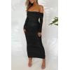 imagePRETTYGARDEN Womens Fall Off The Shoulder Maxi Dress Spring Long Sleeve Ruched Fitted Bodycon Club Dresses with SlitBlack
