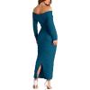 imagePRETTYGARDEN Womens Fall Off The Shoulder Maxi Dress Spring Long Sleeve Ruched Fitted Bodycon Club Dresses with SlitLake Blue