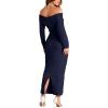 imagePRETTYGARDEN Womens Fall Off The Shoulder Maxi Dress Spring Long Sleeve Ruched Fitted Bodycon Club Dresses with SlitNavy