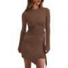 imagePRETTYGARDEN Women Fall 2025 Mini Bodycon Dresses Long Sleeve Tie Waist Ruched Fitted Party Club Night Out Trendy Short DressBrown