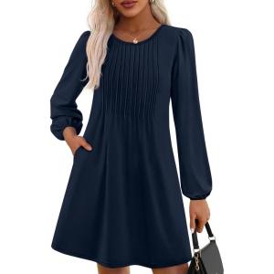 imagePRETTYGARDEN Fall Dresses for Women 2025 Long Sleeve Mini Short Flowy A Line Casual Holiday Party Tunic Dress Fashion ClothesNavy Blue