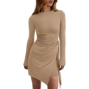 imagePRETTYGARDEN Women Fall 2025 Mini Bodycon Dresses Long Sleeve Tie Waist Ruched Fitted Party Club Night Out Trendy Short DressKhaki
