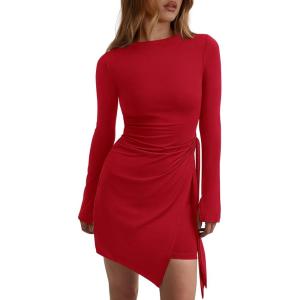 imagePRETTYGARDEN Women Fall 2025 Mini Bodycon Dresses Long Sleeve Tie Waist Ruched Fitted Party Club Night Out Trendy Short DressRed