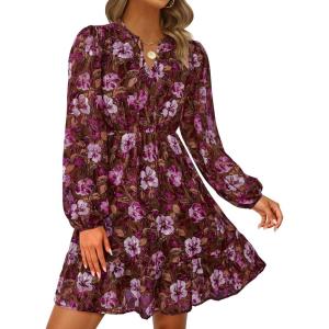 imagePRETTYGARDEN Womens Fall Boho Dresses 2025 Floral Long Sleeve V Neck Mini Flowy Wedding Guest Dress Trendy Vacation OutfitsBrown