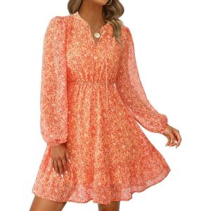 imagePRETTYGARDEN Womens Fall Boho Dresses 2025 Floral Long Sleeve V Neck Mini Flowy Wedding Guest Dress Trendy Vacation OutfitsFloral Orange Red