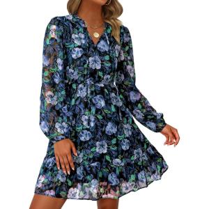 imagePRETTYGARDEN Womens Fall Boho Dresses 2025 Floral Long Sleeve V Neck Mini Flowy Wedding Guest Dress Trendy Vacation OutfitsNavy Blue
