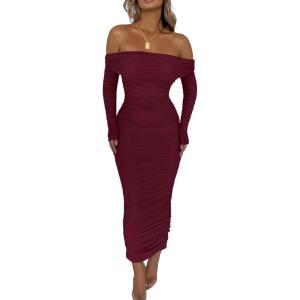 imagePRETTYGARDEN Womens Fall Off The Shoulder Maxi Dress Spring Long Sleeve Ruched Fitted Bodycon Club Dresses with SlitWine Red