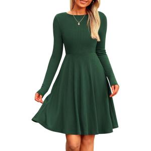imagePRETTYGARDEN Womens Fall Short Dress Ribbed Knit Crewneck Long Sleeve A Line Flowy Casual Elegant Going Out Winter DressesDark Green