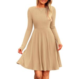 imagePRETTYGARDEN Womens Fall Short Dress Ribbed Knit Crewneck Long Sleeve A Line Flowy Casual Elegant Going Out Winter DressesLight Apricot