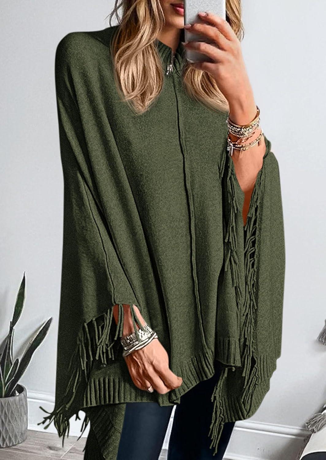 imagePRETTYGARDEN Womens 2025 Fall Winter Poncho Sweaters Trendy Chunky Knit Fringe Shawls Wraps Pullover Tops Holiday OutfitsArmy Green