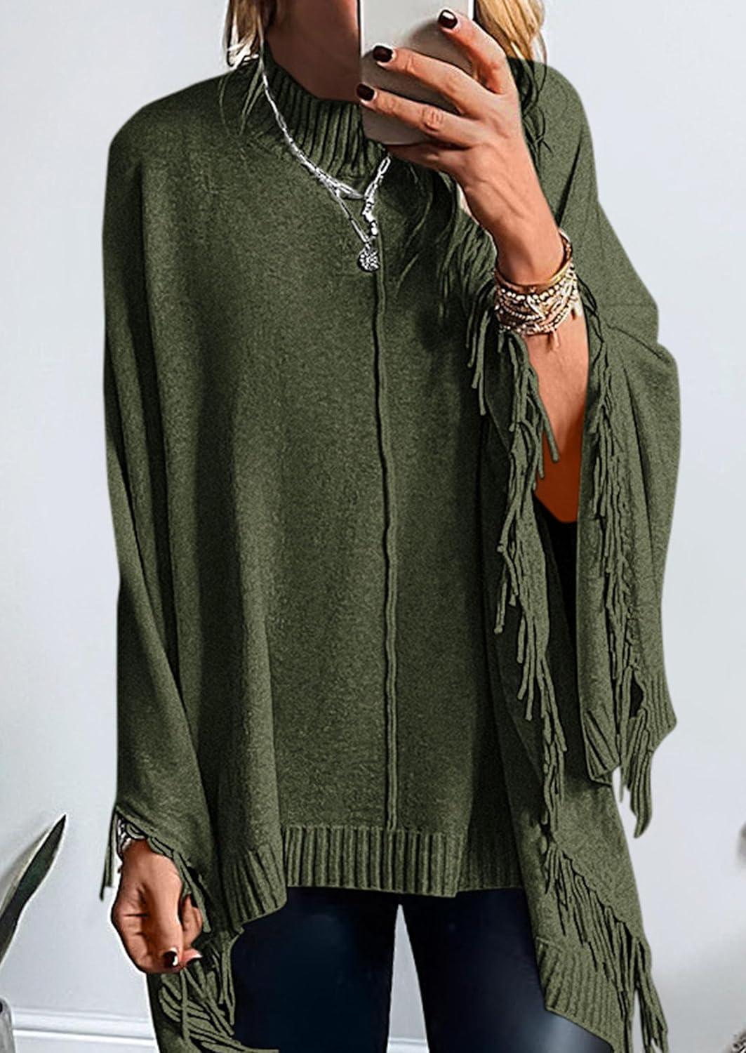 imagePRETTYGARDEN Womens 2025 Fall Winter Poncho Sweaters Trendy Chunky Knit Fringe Shawls Wraps Pullover Tops Holiday OutfitsArmy Green