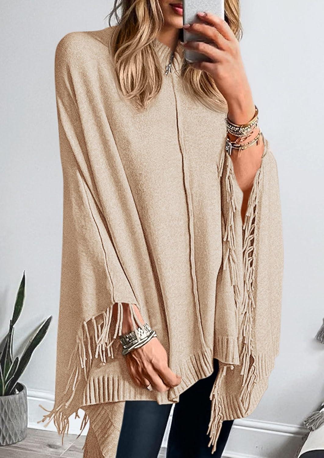 imagePRETTYGARDEN Womens 2025 Fall Winter Poncho Sweaters Trendy Chunky Knit Fringe Shawls Wraps Pullover Tops Holiday OutfitsBeige