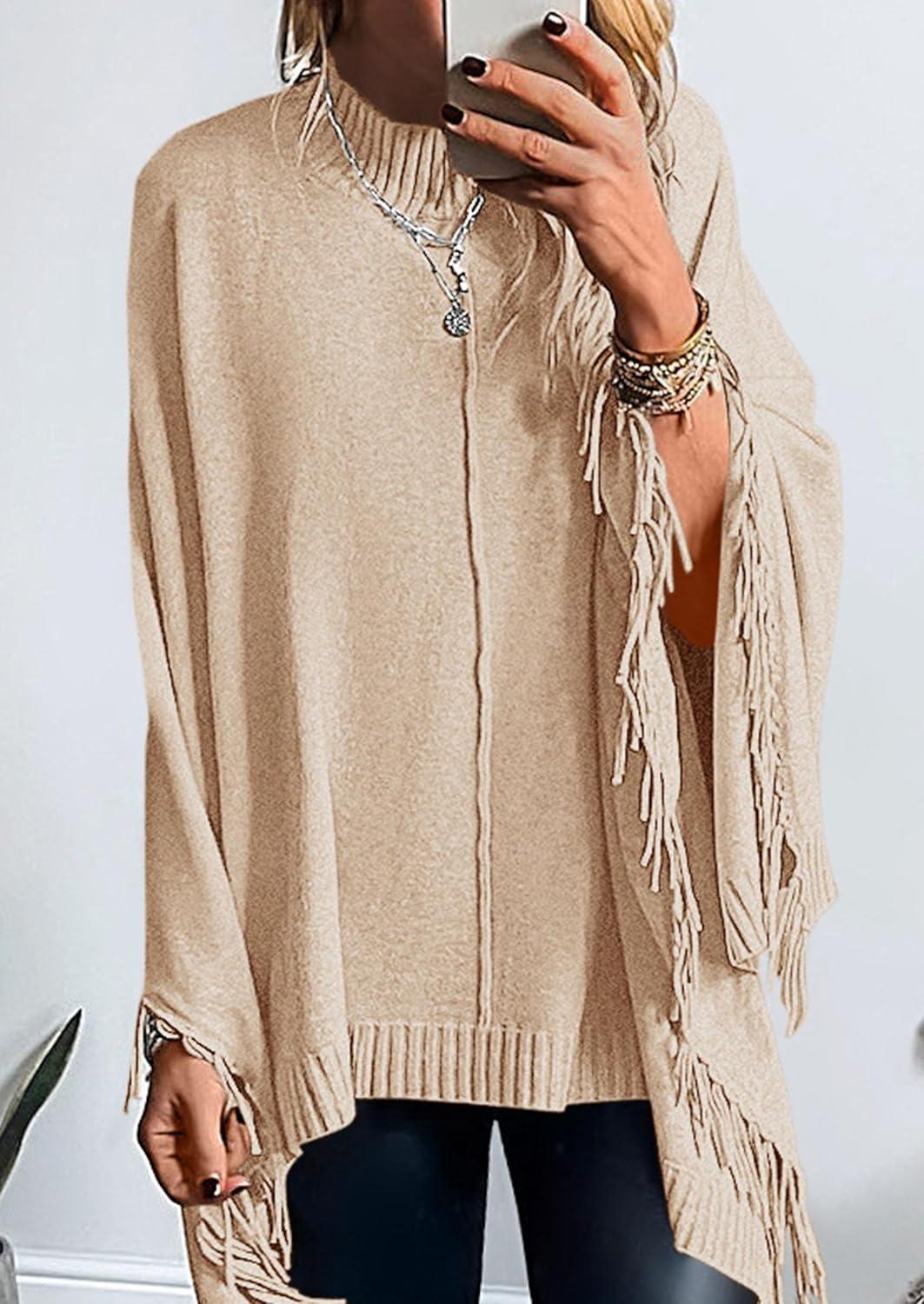 imagePRETTYGARDEN Womens 2025 Fall Winter Poncho Sweaters Trendy Chunky Knit Fringe Shawls Wraps Pullover Tops Holiday OutfitsBeige