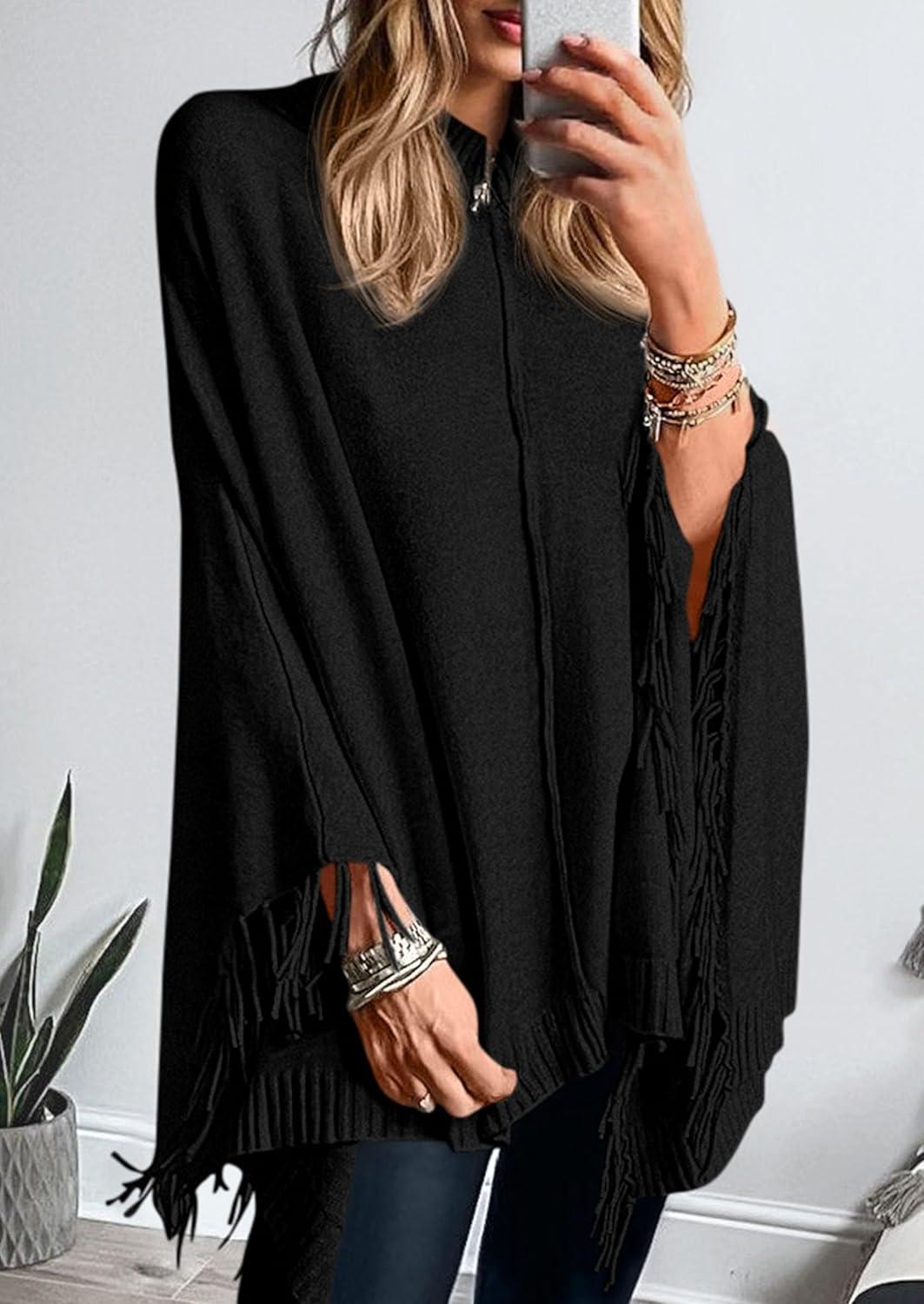 imagePRETTYGARDEN Womens 2025 Fall Winter Poncho Sweaters Trendy Chunky Knit Fringe Shawls Wraps Pullover Tops Holiday OutfitsBlack
