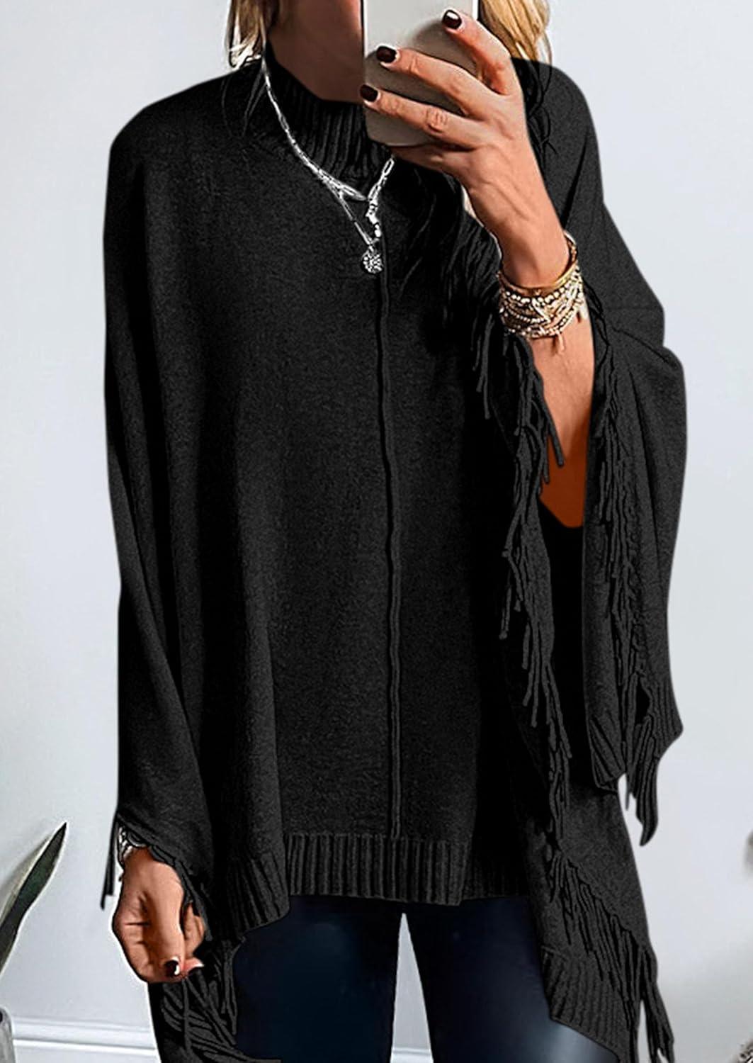 imagePRETTYGARDEN Womens 2025 Fall Winter Poncho Sweaters Trendy Chunky Knit Fringe Shawls Wraps Pullover Tops Holiday OutfitsBlack
